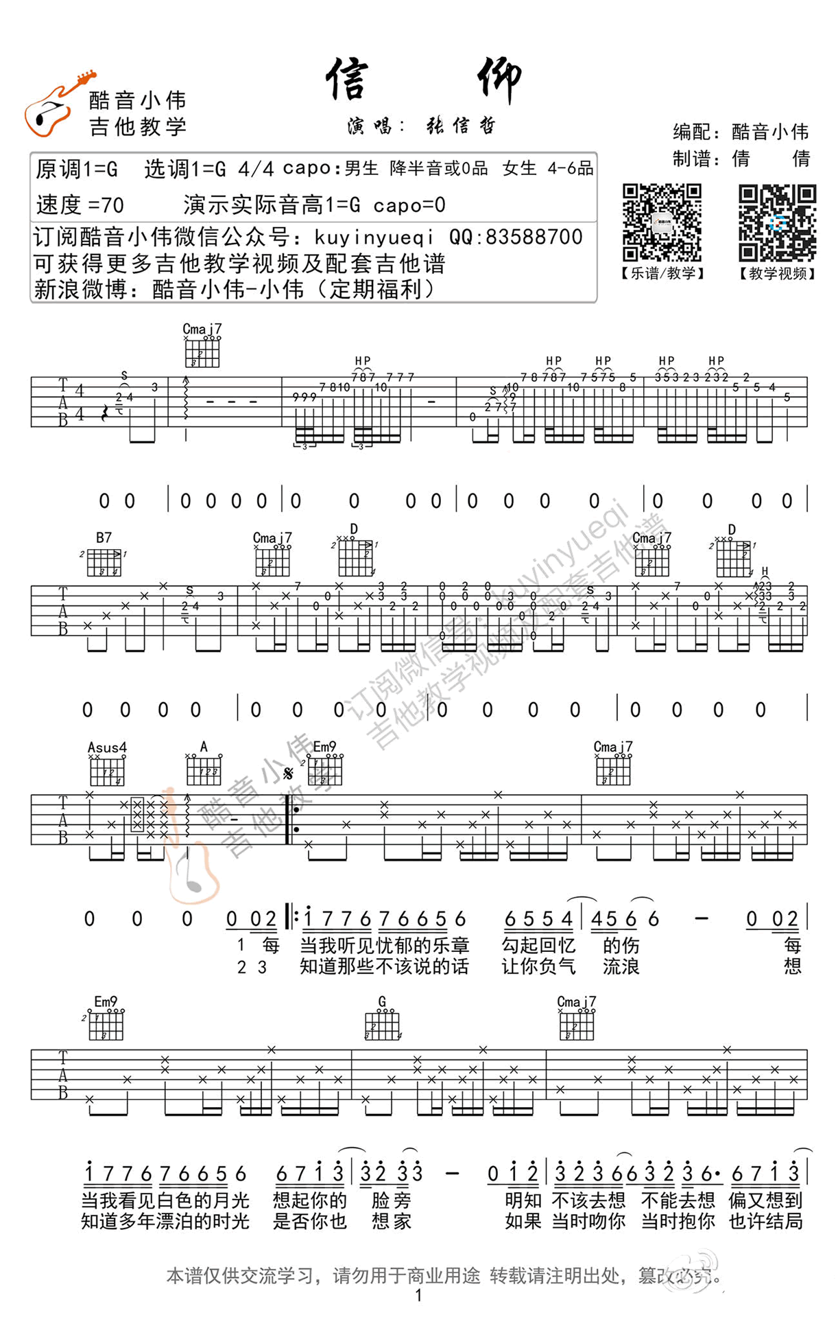 张信哲信仰吉他谱 六线谱